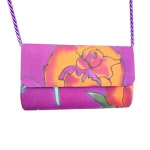 Vintage 80s Silk Scapes Crossbody Purse Floral Jewel Tones Bold